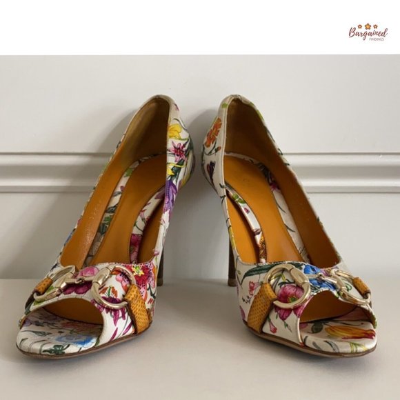 Authentic GUCCI Botanical Floral Satin & Karung Horsebit Peep Toe Pumps Size 7.5 - Picture 8 of 14
